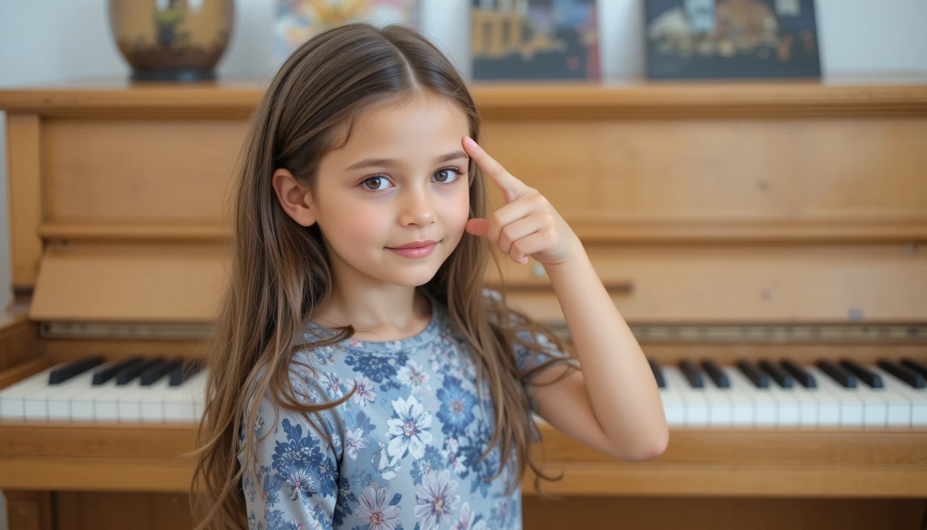 Young girl thinking at the piano, representing the cognitive benefits of music education